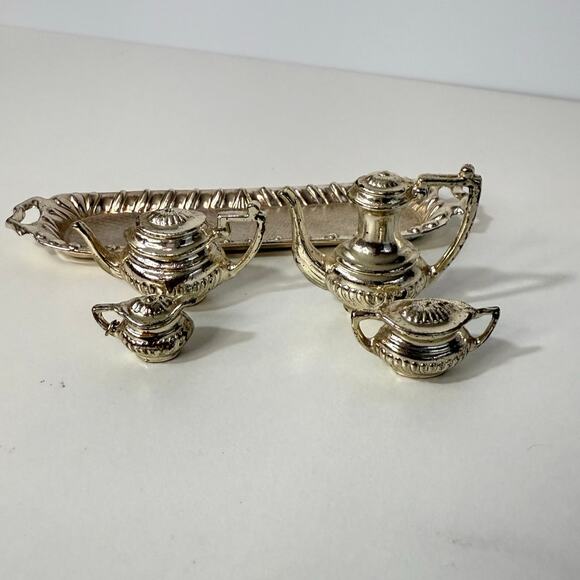 Vintage Miniature Dollhouse Silver Plated Tea Set 6-Piece w/ Tray 1990s #756165 - Picture 3 of 7